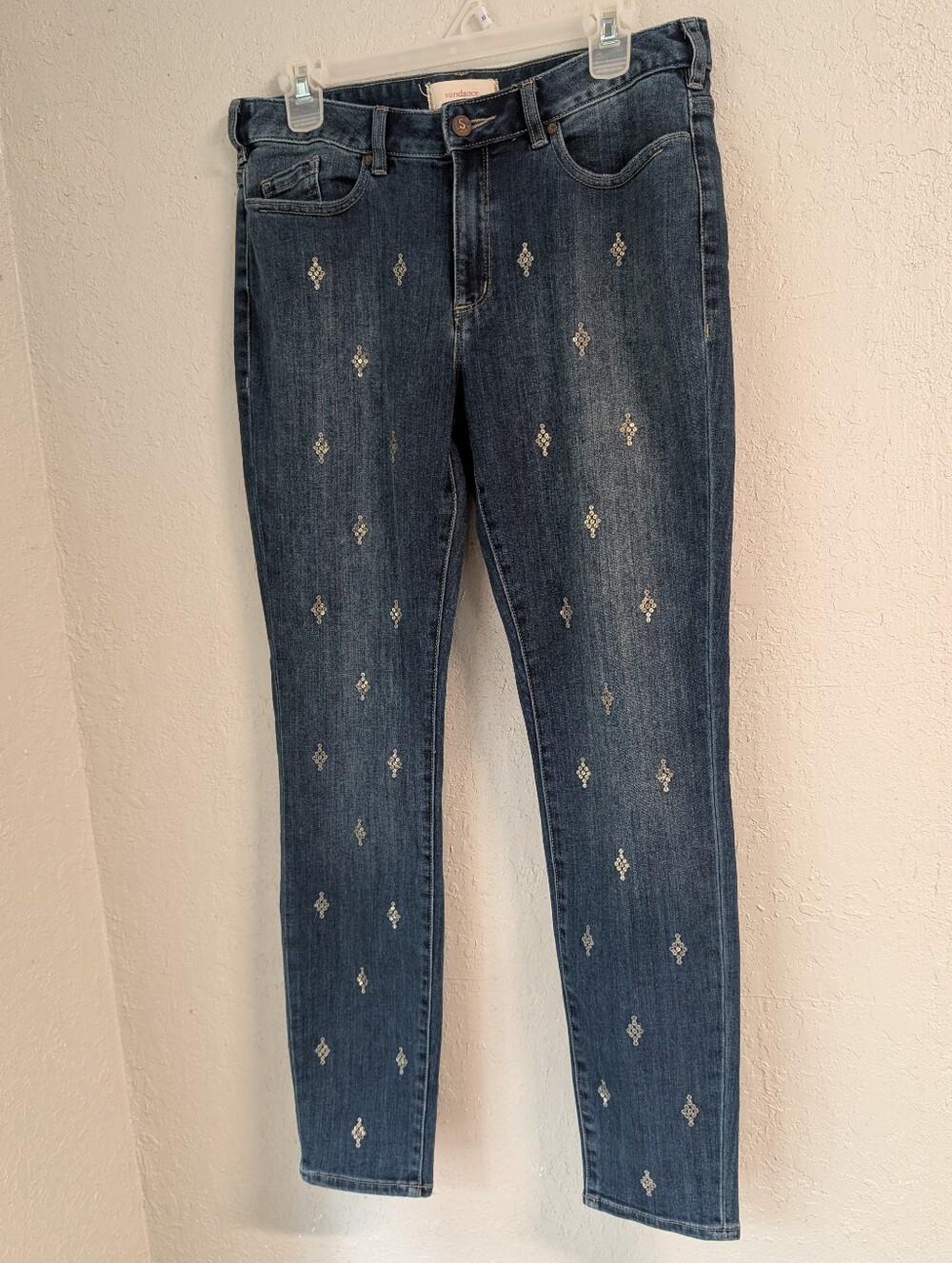 Sundance Skinny Jeans 12 30 Blue Metallic Diamond Sequin Primrose Boho Indie Mid